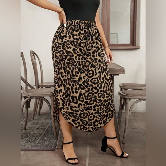 Drawstring Waist Leopard Print Slit Hem Chic Flared Skirt size 1XL - Picture 4 of 6